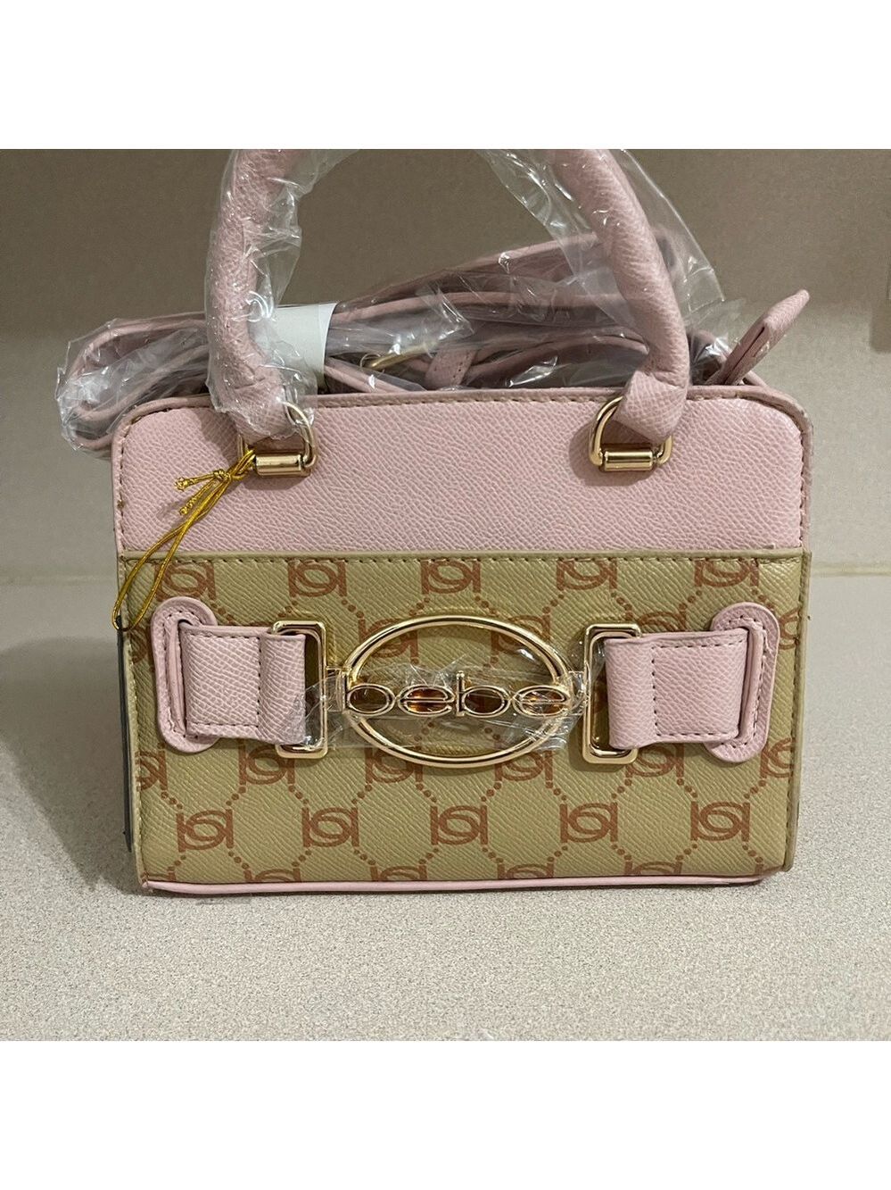 bebe for you Pink and Beige Logo-Print Mini Satchel NEW